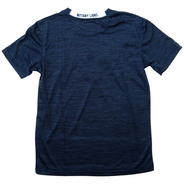 back view of navy youth performance short sleeve t-shirt with Nittany Lions on collar